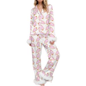 Women Christmas Pajama Sets Long Sleeve Button Down Fur Trim Shirt Matching Pants 2 Piece Lounge Set Sleepwear (Large, White)