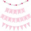 Set of 4 Pink Gingham Happy Birthday Banner Plaid Checkered Pennant Banner Decorations Felt Ball Happy 1st Birthday Garland for Gingham Party Supplies