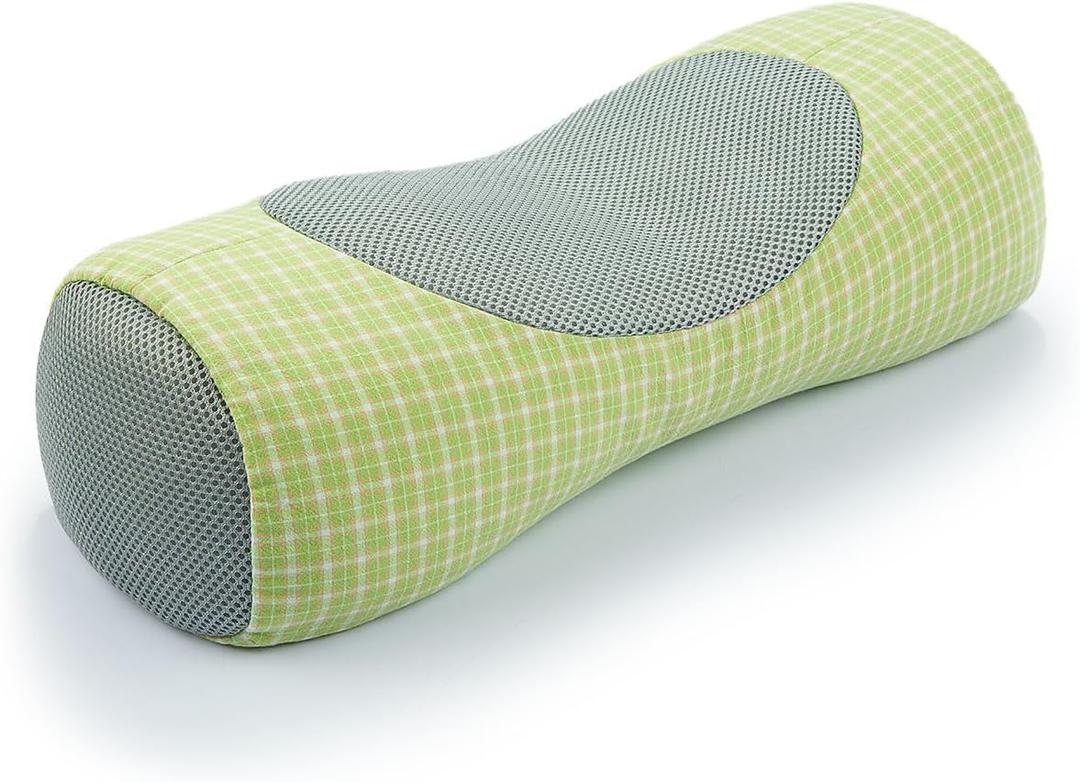 Buckwheat Neck Roll Pillow for Sleeping, 5''x16'' Small Lumbar Roll Pillow for Stiff Pain Relief, Neck Support Back Pain Relax Bolster Pillow with Breathable Plaid Pillow Covers (Green)