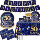 50th Birthday Decoration Men-142pcs Navy Blue and Gold Birthday Tableware Set(Serve for 20) Include Happy 50th Birthday Banner Plates Cups Napkins Tablecloth for Men 50th Birthday Party Supplies (50)