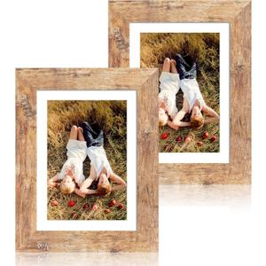5x7 Picture Frame Set of 2, Rustic Brown Frame with High Definition Glass, Display Pictures 4x6 with Mat or 5 x 7 without Mat, Wood Photo Frame for Table top and Wall Mounting