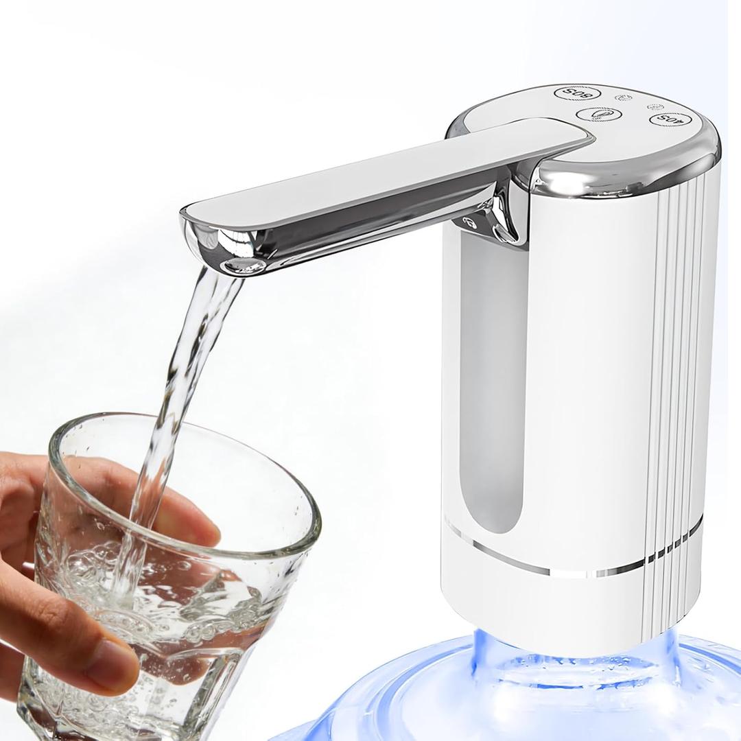 Water Dispenser Pump for 5 Gallon Water Bottles, USB Type-C Rechargeable with 1200mAh Battery, Foldable Spout, One-Touch Control (40s/80s), Powerful Suction for Home, Office, Camping - White
