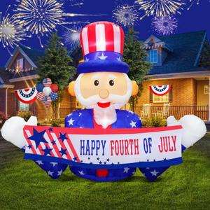 8 Ft Independence Day 4th of July Inflatable, Uncle Sam Hold Banner Patriotic Inflatable Built-in LEDs Stable Memorial Day Blow up Inflatable Indoor Home Outdoor Yard Lawn Parade Party