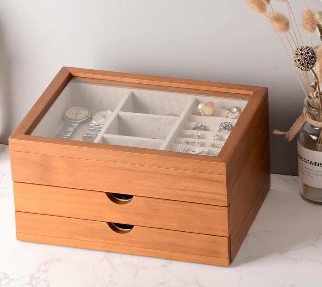 Jewelry Box with Glass Lid, 3 Layer Jewelry Organizer for Women, Solid Wooden Jewelry Box Display for Ring Earrings Necklace Bracelet, Pine Wood Jewelry Boxes Vintage Style for Gifts