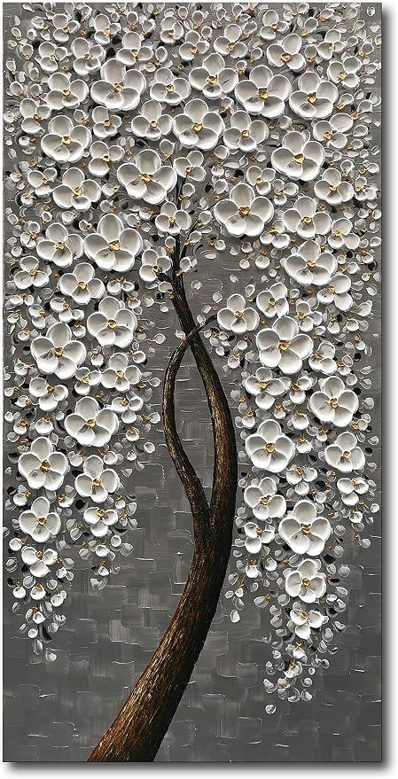 Epicler 100% Hand-Painted Flower Tree Mural, 3D Vertical Abstract Oil Painting, White Flower Art Wall Decoration, 24x48 inch Living Room, Bedroom, Dining Room Mural