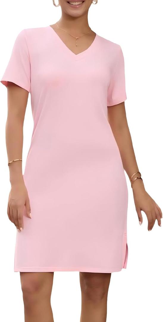 Womens Summer Dresses Casual V Neck Mini Shift Short Sleeve Sun Dress for Women Work Split Beach Sundress (Pink, S)