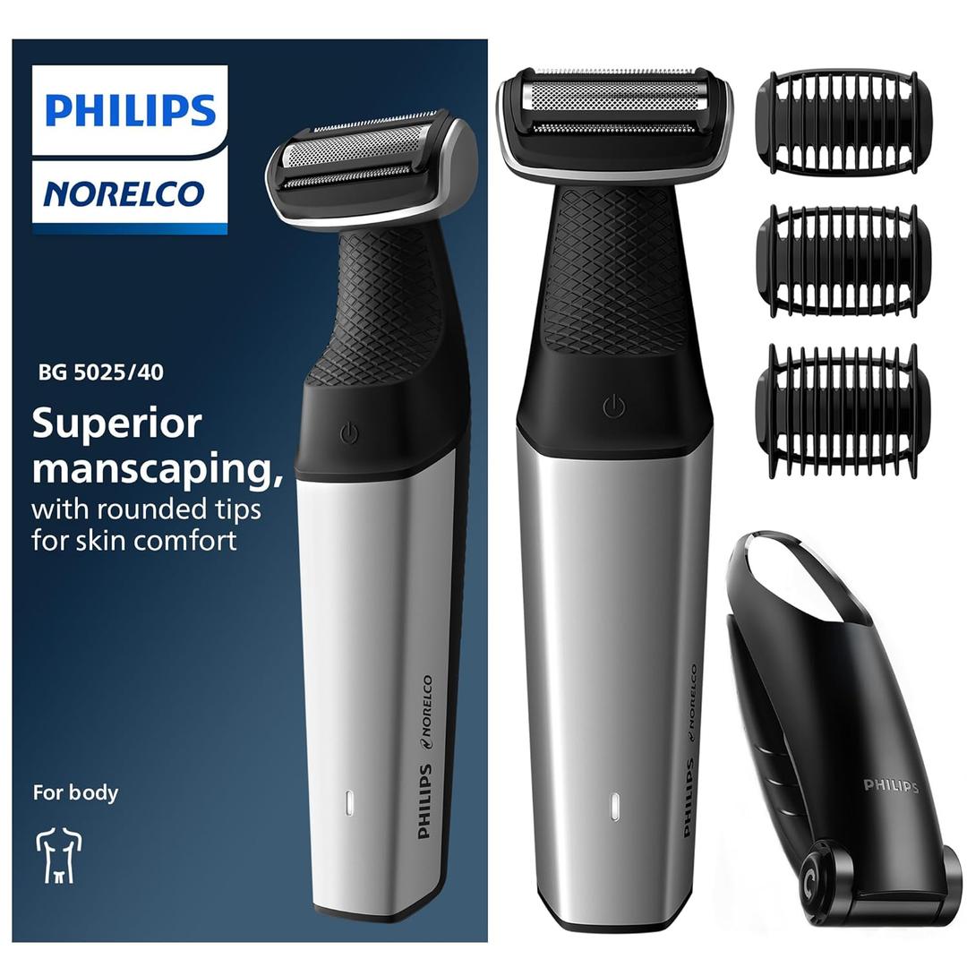 Philips Bodygroom Series 5000, Showerproof Groin and Body Trimmer, Close and Comfortable Shave, Complete Body Grooming Including Back, 60 Min. Runtime, Model BG5025/40 (Black)