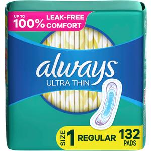 Always Ultra Thin Pads for Women, Size 1 Regular Absorbency Without Wings Unscented, 44 Count x 3 Packs (132 Count total)