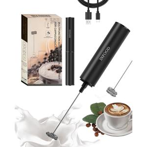 INFOOD Milk Frother Rechargeable with Cover - Coffee Frother Wand, Drink Mixer Handheld with 2 Detachable Stainless Whisks 2 Speed Adjustable for Latte, Cappuccino, Hot Chocolate, Egg, Black