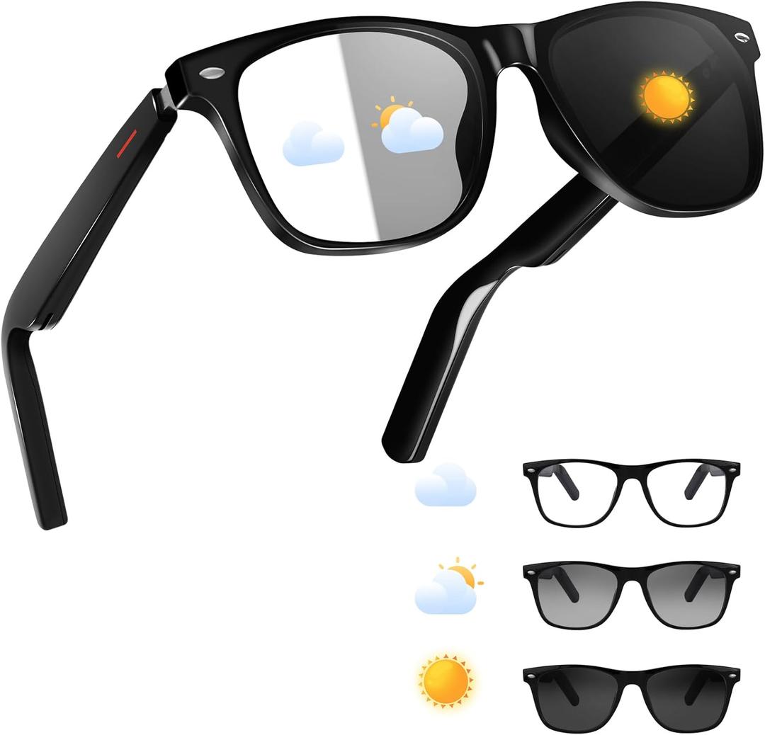 ReyDix Smart Glasses for Men Women, Bluetooth Audio Sunglasses with Color-Change Lenses Automatic Power On Off UV Protection Anti-Blue Lens Speakers Touch Control for Indoor Outdoor Walking Working (E10-cc)