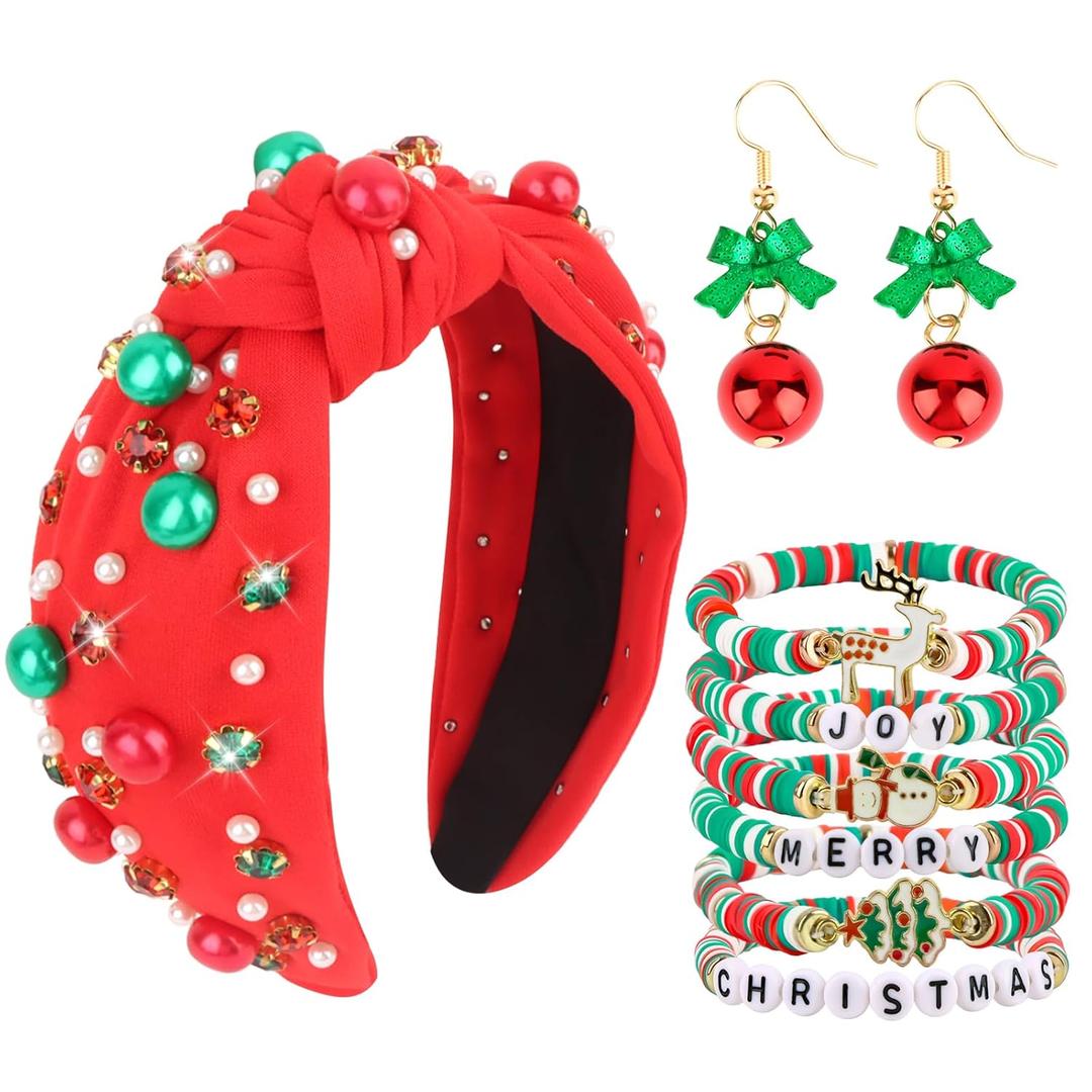 Semato 9 Pcs Christmas Accessories with Red Christmas Headbands & Earrings and Bracelets for Women New Year Xmas Gifts