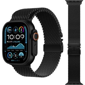 Milanese Loop Band Compatible with Apple Watch Bands Ultra 2/Ultra 49mm 46mm 45mm 44mm for Women Men, Parachute-style Buckle Metal Mesh Breathable Strap Bracelet for iWatch Series 10 SE 9 8 7 6 5 4 (Black)
