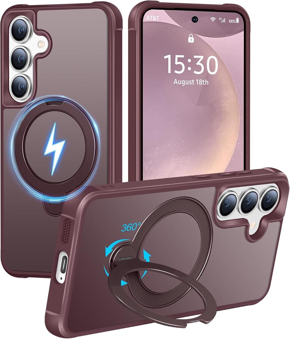 HuwaiH 360 Rotatable Magnetic Ring Stand for Samsung Galaxy S24 Plus/S25 Plus Case, Compatible with MagSafe, Military-Grade Shockproof, Anti-Scratch Matte Translucent Phone Case(Burgundy)