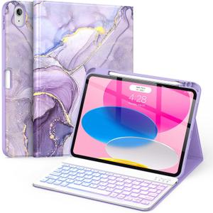 Soke for iPad (A16) 11th/10th Generation Case with Keyboard(2025/2022)-7 Color Backlight Wireless Detachable Folio Keyboard Cover with Built-in Pencil Holder for iPad 11/10.9 inch, Violet Marble