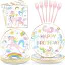 96Pcs Magical Pastel Unicorn Birthday Party Decorations 350 GSM Colorful Rainbow Unicorn Plates and Napkins Tableware Sets for Girls Baby Shower Birthday Party Supplies Serves 24