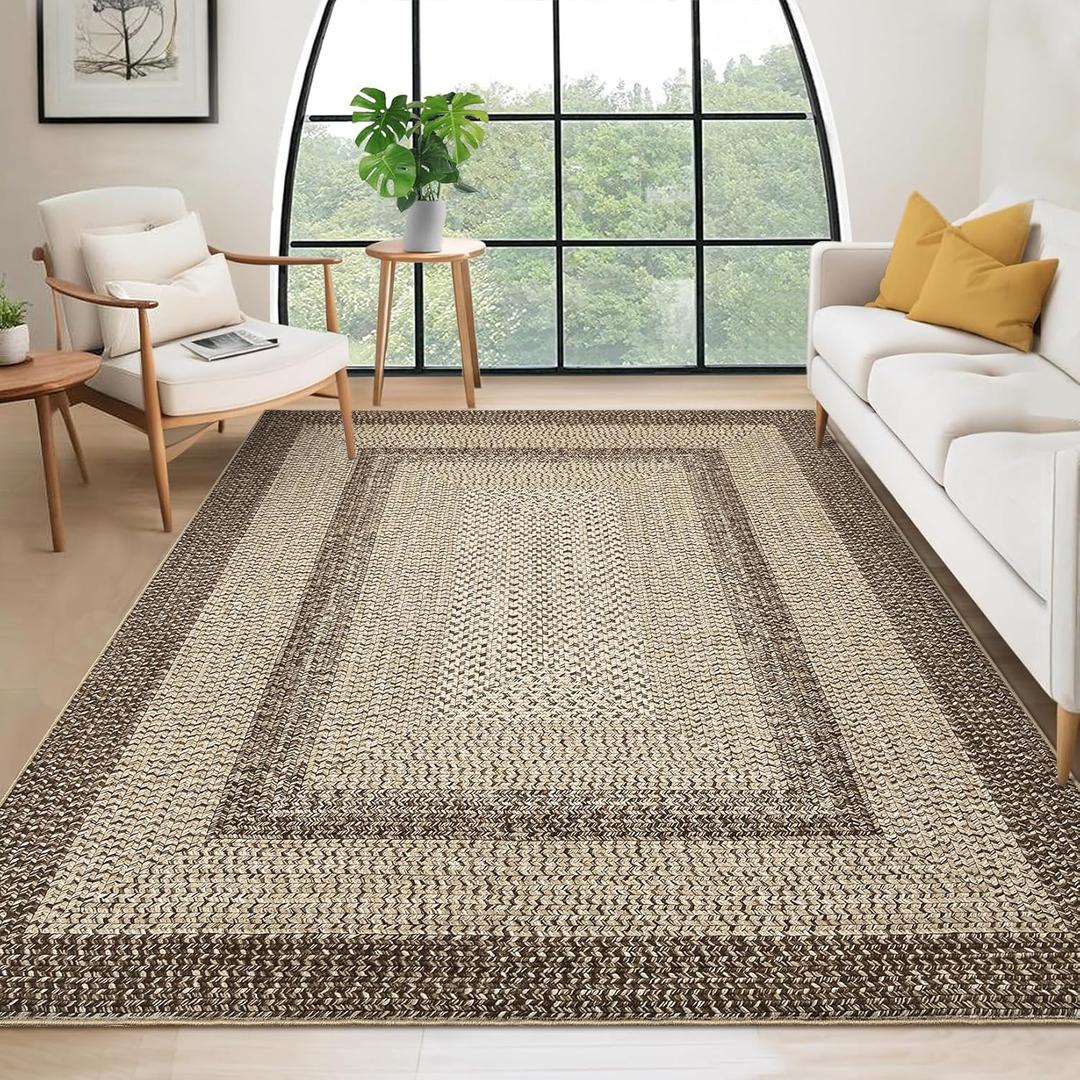 9x12 Living Room Rug Large Washable Rug Non Slip Boho Accent Braided Print Carpet Indoor Throw Floor Cover Farmhouse Rustic Area Rug Bohemian Border Carpet for Bedroom Home Decor, Camel