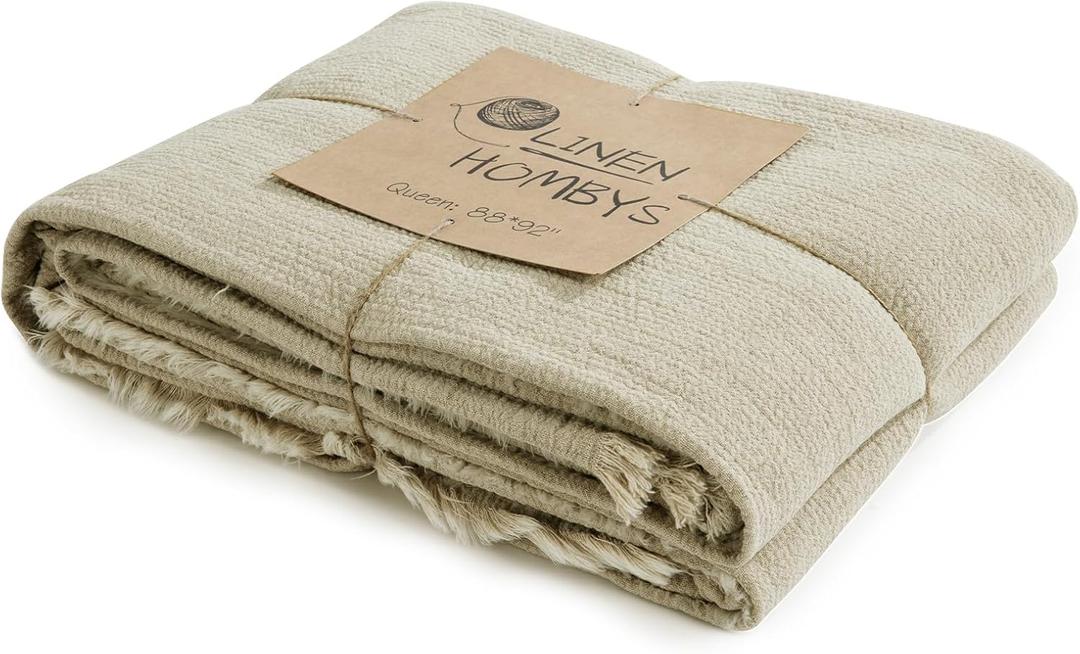 HOMBYS 88"x92" Linen Queen Size Blanket-Soft Linen Reversible Throw Lightweight Blanket in Natural Color Bed Blanket (Flax Color, 88"x92")