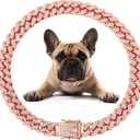 Cuban Link Dog Collar Rose Glod Crystal Dog Necklace Metal Chain Collar with Design Secure Buckle Pet Collar Jewelry Accessories for Small Medium Large Dogs Cats(Rose Glod 18inch)