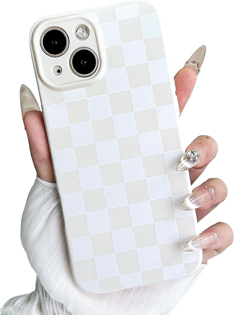 MINSCOSE for iPhone 15 Case Aesthetic Checkered Plaid Checkerboard Design Pattern ,Trendy Slim TPU Shockproof Protective Full Camera Protection Phone Cover-White