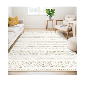Large Living Room Area Rug 5x7: Soft Machine Washable Boho Moroccan Farmhouse Rugs for Bedroom Under Dining Table - Non-Slip Neutral Morden Indoor Floor Carpet for Home Office - Brown/Cream