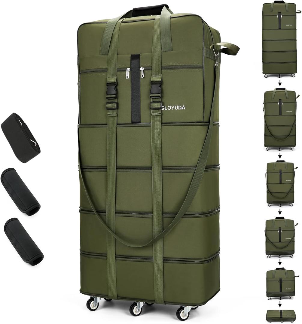 Expandable Foldable Luggage, 42'' Suitcase With Spinner Wheels, Rolling Duffel Travel Bag, Collapsible Luggage, With 2 Suitcase Handle Wrap and 2 Fixing Straps, 1 Shoulder Strap (Green)