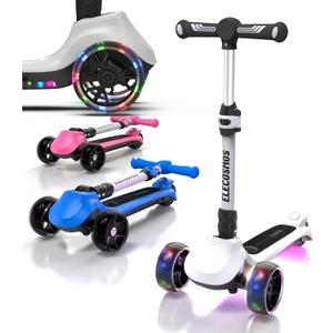 ELECOSMOS Kids Electric Scooter for Age 4-9, Light Up 3-Wheeled Scooter with Big LED Wheels, Wide Flashing Deck, Adjustable Height (White)