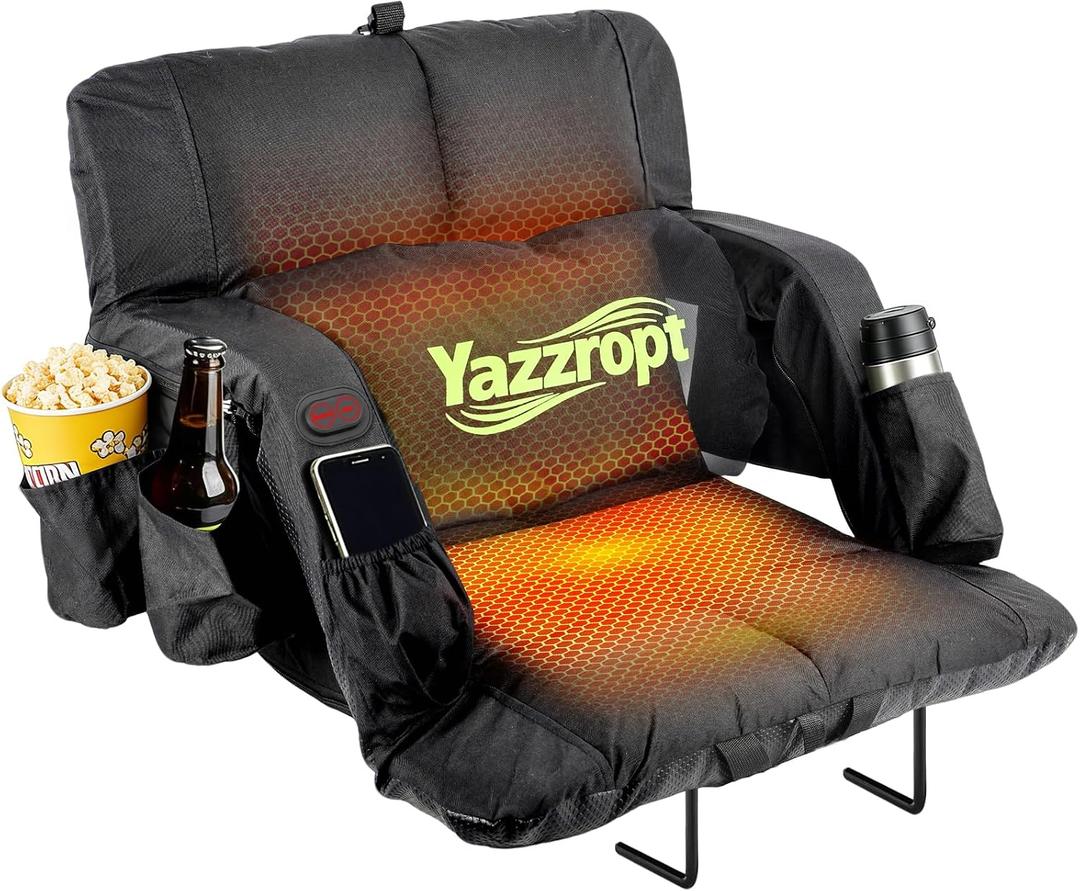 Dual-Zone Heated Stadium Seats with Back Support, 3 Heat Settings Bleacher Seat, Extra Thick Padded Cushion, 6 Adjustable Angle, Lumbar Pillow & Cup Holder, Stadium Chair for Sports Events, 23 in