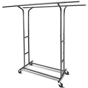 Fishat Black Heavy Duty Double Rod Garment Clothes Rack for Hanging Clothes, Rolling Organizer Commercial Metal with Lockable Wheels Mobile for Coats Dresses