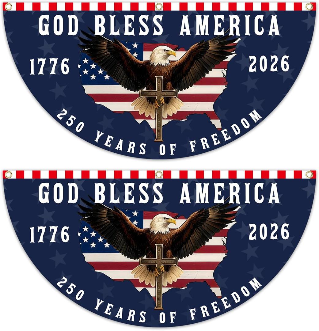 250 Anniversary USA Flag God Bless America Fan Banner for Wall, Front Door, Porch, Fence, Outdoor Decorations 1.5x3 FT with Brass Grommets (2 Pack) (Blue1)
