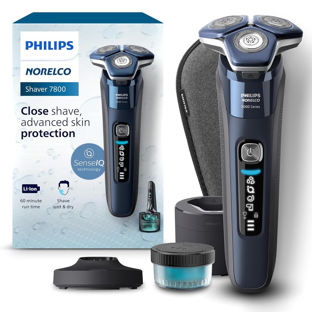 Philips Norelco Shaver 7800, Rechargeable Wet & Dry Electric Shaver with SenseIQ Technology, Quick Clean Pod, Charging Stand, Travel Case and Pop-up Trimmer, S7885/85 (Navy/Black)