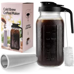 Cold Brew Coffee Maker, 64 oz Glass Pitcher with Mesh Filter, 2 Quart Mason Jar with Lid