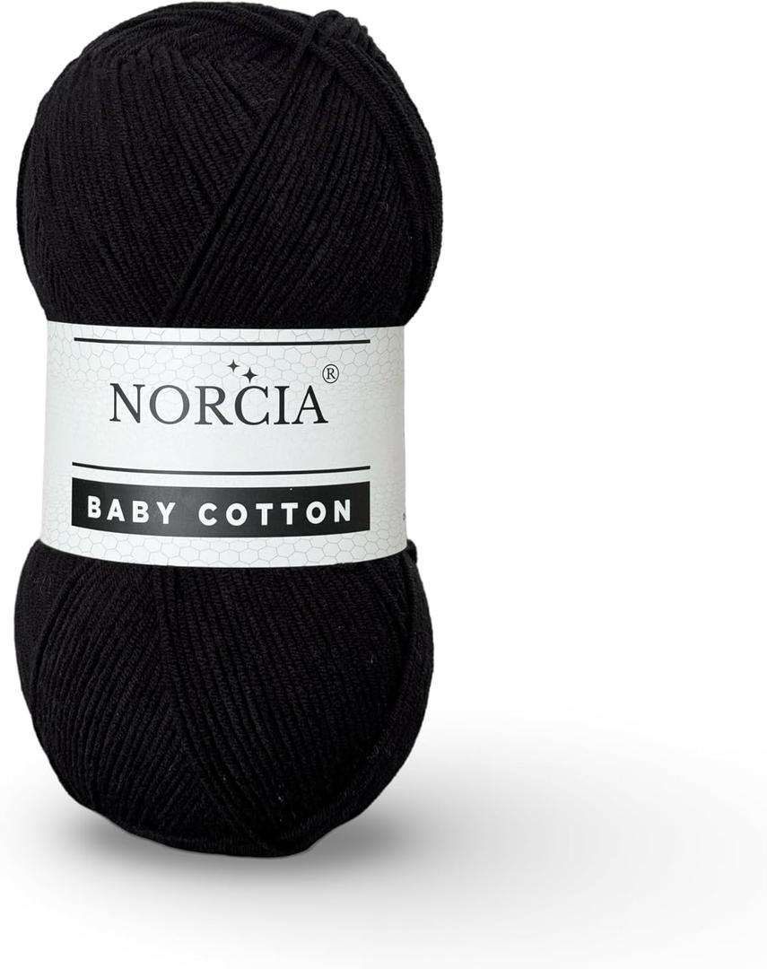 Baby Cotton, 55% Cotton 45% Acrylic Yarn, Fine/Sport (2) for Crochet and Knitting, Soft Amigurumi Yarn, 100 gr (361 yds) (Black)