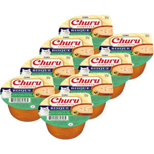INABA Churu Complete Bisque for Cats, Grain-Free, High Protein & Moisture, Wet Cat Food with Fish Oil, 2.46oz. Cup, 8 Cups, Chicken Recipe with Tuna, EXP: 11/19/2027