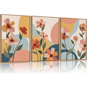 FWIEXA Boho Floral Canvas Wall Art,Pink Flower Pictures Wall Decor,Modern Orange Flowers Wall Art,Abstract Plant Botanical Art Print,Wildflower Bohemian Artwork for Bedroom Rustic Farmhouse 16x24''x3