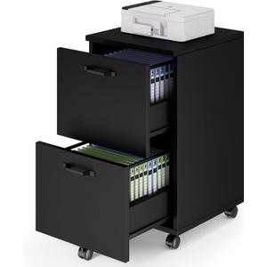 DUMOS 2 Drawer Filing Cabinet, Rolling Wood File Cabinet for Home Office, Under Desk Storage with Lockable Wheels, Printer Stand, Office Organizer, Black