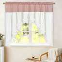 Likiyol Linen Valances for Windows Farmhouse Ruffle Swag Valance Rustic Country Window Valances Light Filtering Kitchen Curtains Rod Pocket Valance Curtains for Bathroom Cafe, Pink White, 60"W x 36"L
