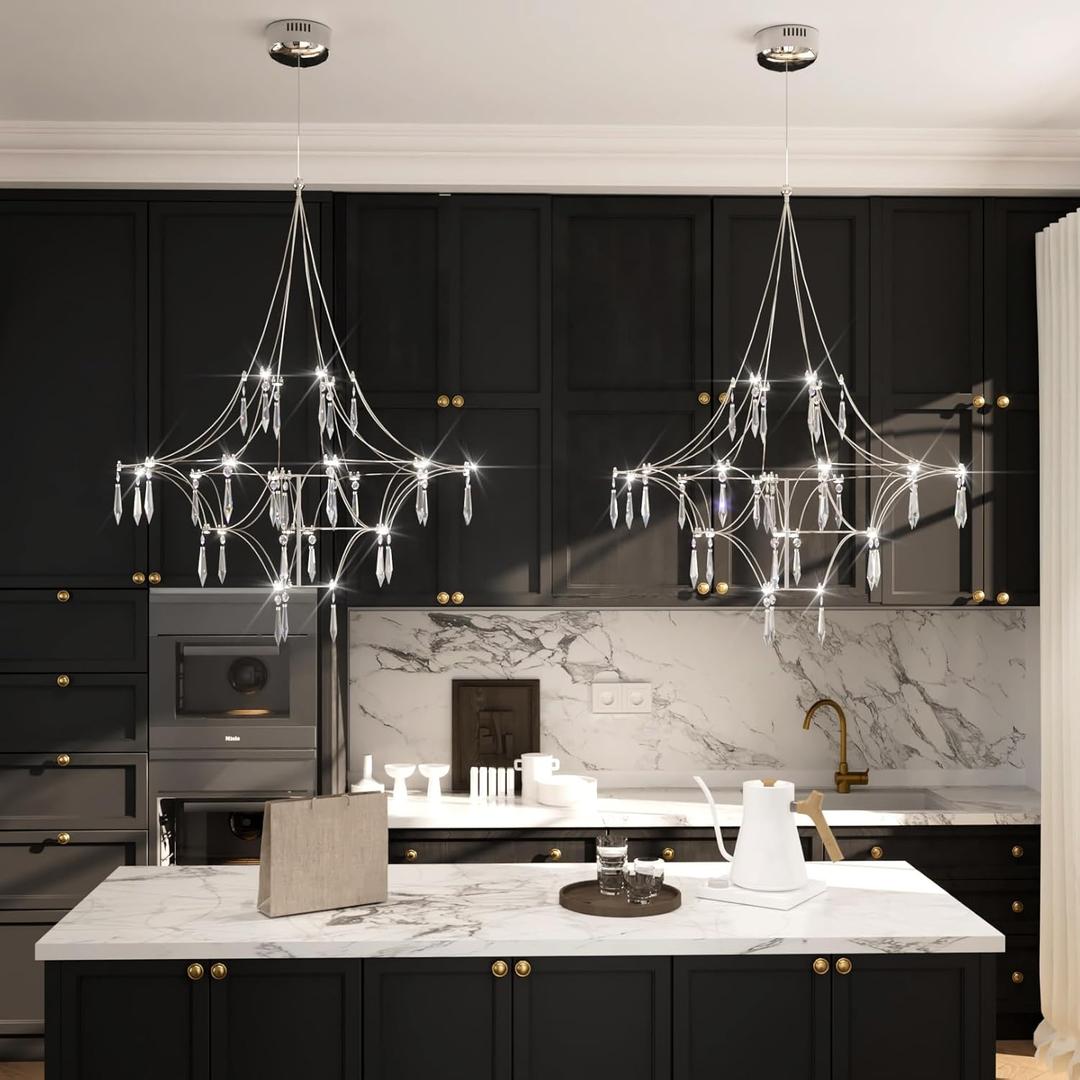 W24in Modern Crystal Chandeliers Small Chandelier for Dining Room Pendant Light Fixtures Hanging Chandeliers for Living Room Bedroom Foyer
 (Dia 24inch, Silver:2651)