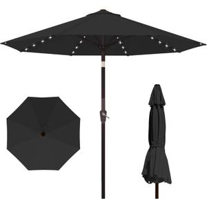 Kingdura 10FT Outdoor Patio Umbrella with Solar Lights, Market Table Umbrella with Push Button Tilt & Crank, 8 Sturdy Ribs, 32 LED Lights, UV Protection for Garden Lawn Deck Backyard Pool (Black)