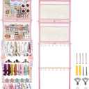 Headband Holder, 17x50in Bow Holder for Girls Hair Bows W/ 2 Mesh Pockets & 24 Metal Hooks, Baby Headband Bow Organizer, Wall Hanging Hair Accessories Storage for Toddler Room Nursery Decor(Pink)
