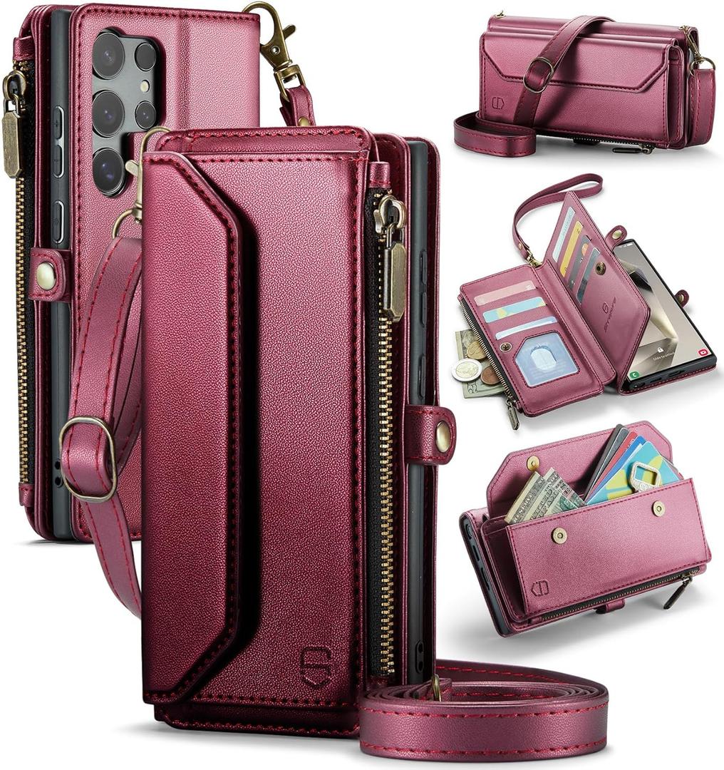 Wallet Case Compatible with Samsung Galaxy S24 Ultra 5G RFID Blocking 10-Card Holder Soft PU Leather Magnetic Snap Strap Zipper Pocket Phone Case Fit for Galaxy S24 Ultra - Wine Red