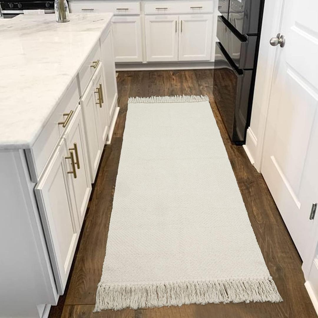 Collive 2x6 Runners for Hallway, Woven Reversible Washable Entryway Runner Rug, White/Beige Cotton Modern Farmhouse Laundry Room Carpet for Bathroom Sink Foyer Bedroom