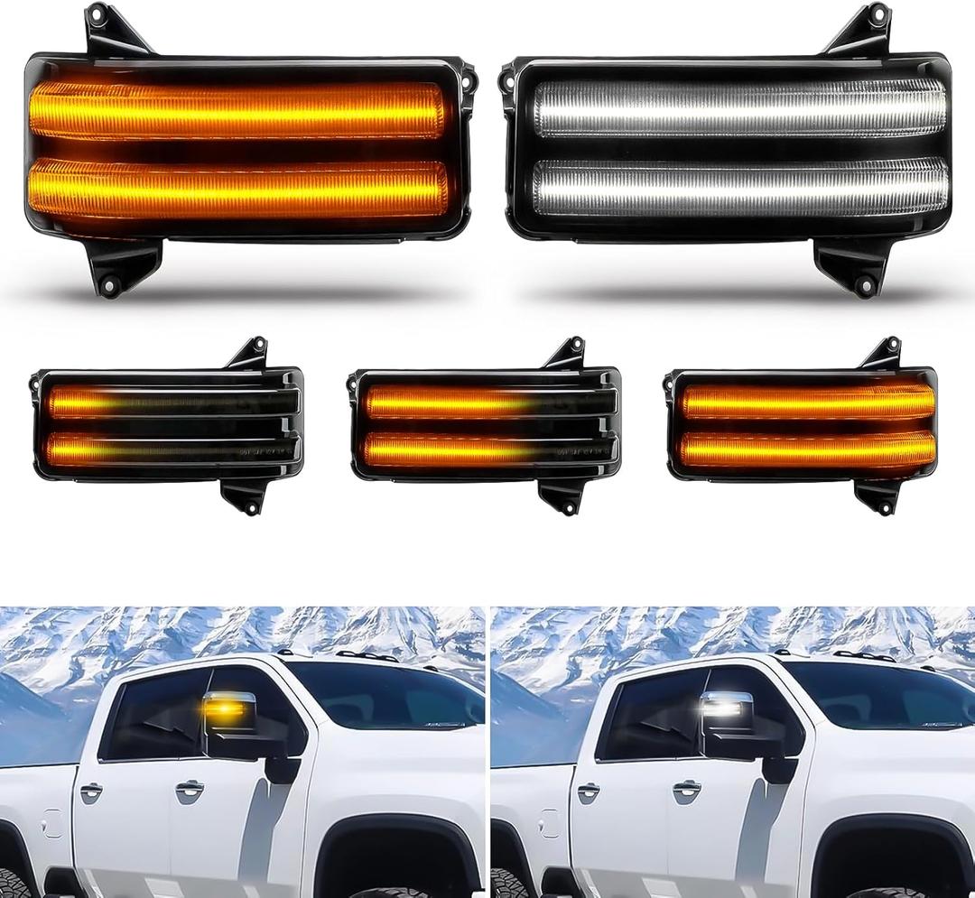 Bestview Sequential Switchback LED Side Mirror Turn Signal Marker Light for 2020-2023 Chevy Silverado GMC Sierra 2500 3500 Tow Mirror Lamps, Smoked Lens Dynamic Amber&White,Pack of 2
