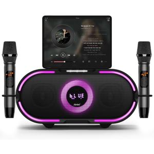 RHM K666PLUS Karaoke Machine with 2 Wireless Mics & Beat-Sync LED Lights, 60W Rich Stereo Sound, Voice Beautifier, 7 Hours Playtime, Bluetooth/AUX/USB/PC Connection, for Indoor & Outdoor Parties