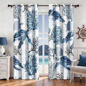 Nautical Coastal Curtains Decorative Beach Ocean Sea Turtle Coral 50% Light Blocking Sea Darkening Grommet Curtain For Villa Living Room, Bedroom Navy Blue and White 2 Panels Set, 52x63 Inches