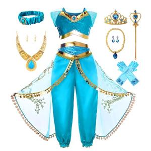Akokvlar Girls Arabian Princess Costume Halloween Party Dress Up Outfits (Blue, 6-7 Years)