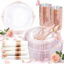 Nervure 350PCS Rose Gold Plastic Plates - Rose Gold Plastic Dinnerware Sets for 50 Guests - 100 Disposable Plates, 150 Silverware, 50 Cups, 50 Napkins Perfect for Wedding & Party & Mothers Day