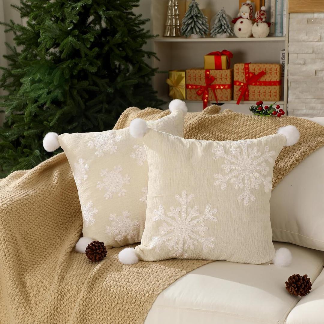 Tufted Snowflake Throw Pillow Covers Set of 2, 18x18 Inch Cream Neutral Winter Cushion Covers with Pom Poms, Cozy Rustic Modern Christmas Farmhouse Sofa Couch Bed Decor