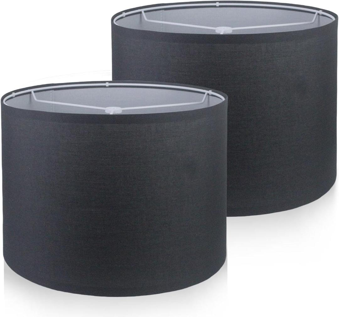 Lamp Shades Set of 2,Drum Lampshades,Medium Lampshades Linen Fabric 13" Top x 13" Bottom x 10" High,Natural Linen Hand Crafted,Easy Assembly Lamp Shade for Table, Floor,Wall Lamps (Black)