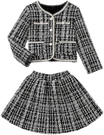 WDIRARA Girl's Tweed Plaid 2 Piece Outfit Long Sleeve Button Up Jacket A Line Skirt Set, Size 6Y