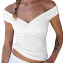 MakeMeChic Women's Off The Shoulder Ruched Short Sleeve Summer Tee Shirt Crop Tops (L)